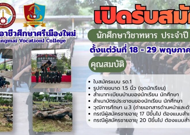 ข่าวประชาสัมพันธ์ วิทยาลัยอาชีวศึกษาศรีเมืองใหม่ เปิดรับสมัครนักศึกษาวิชาทหารชั้นปีที่ 1 ประจำปีการศึกษา 2569 ยื่นใบสมัครได้ที่ ฝ่ายวิชาการ อาจารย์ ฤทธิไกร บุญชม